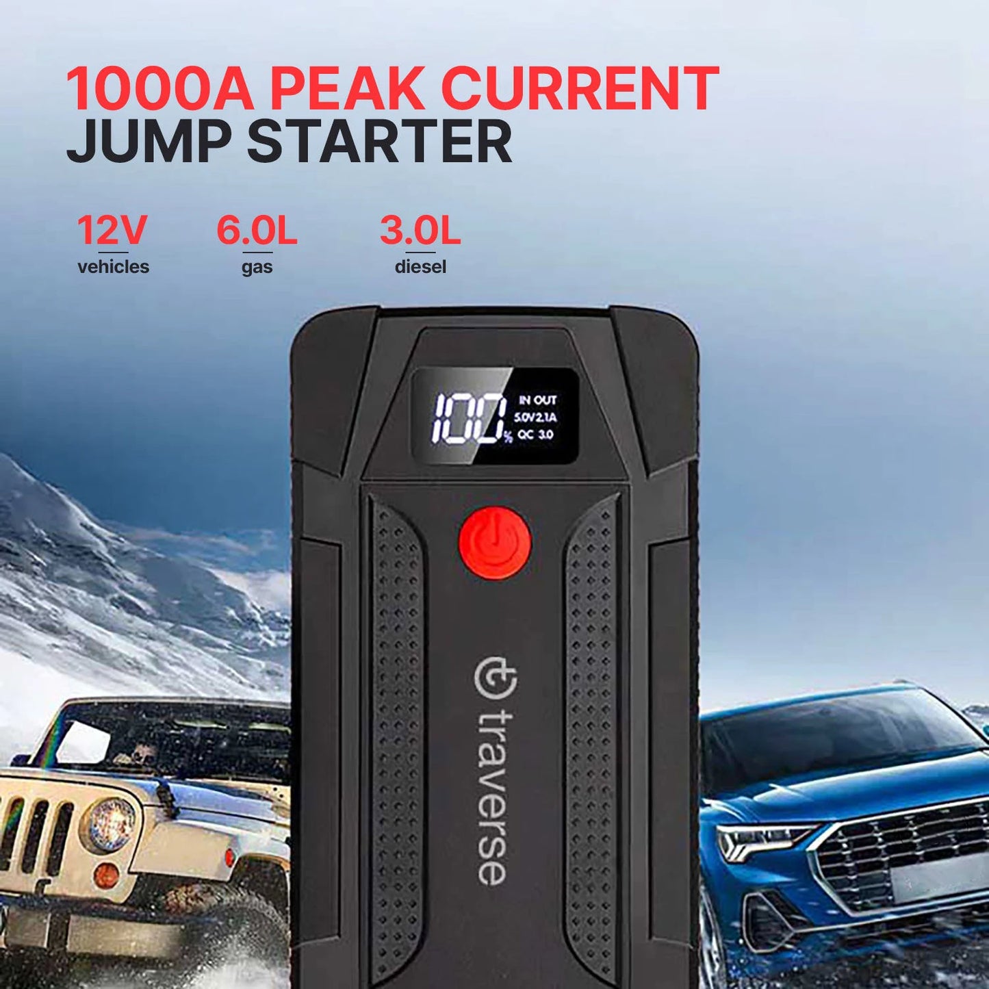 Portable Smart Jump Starter & Power Bank with Emergency Multimode Flash light and compass for Cars and Trucks 6.0L Gas