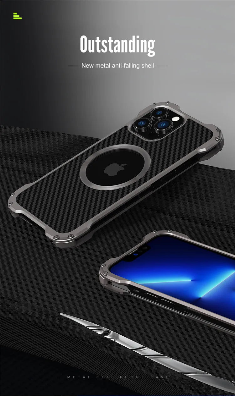 Carbon Fiber Lens Protection Phone Case for iPhone 14 Plus 12 13 Pro Max Mini Compatible with MagSafe Metal Bumpers Cover