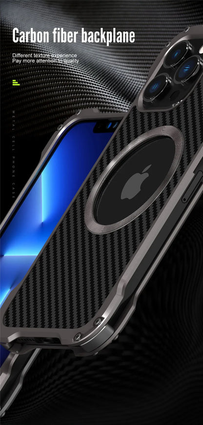 Carbon Fiber Lens Protection Phone Case for iPhone 14 Plus 12 13 Pro Max Mini Compatible with MagSafe Metal Bumpers Cover