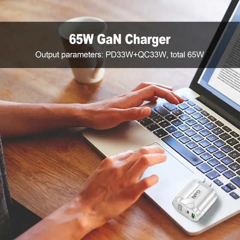 GaN Wall Charger 2-Port 65W USB Charging Station Hub GaN Block USB C & QC Adapter Power Adapter Fast Charging For Type C Devices