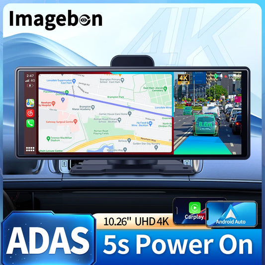 Imagebon 10.26" 4K ADAS Wireless CarPlay & Android Auto Dash Cam Night Vision 24h Park Monitoring Loop Recording GPS FM Car DVR