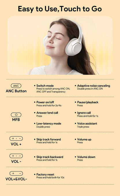 QCY H3 ANC Wireless Headphones Bluetooth 5.4 Hi-Res Audio Over Ear Headset 43dB Hybrid Active Noise Cancellation Earphones 60H