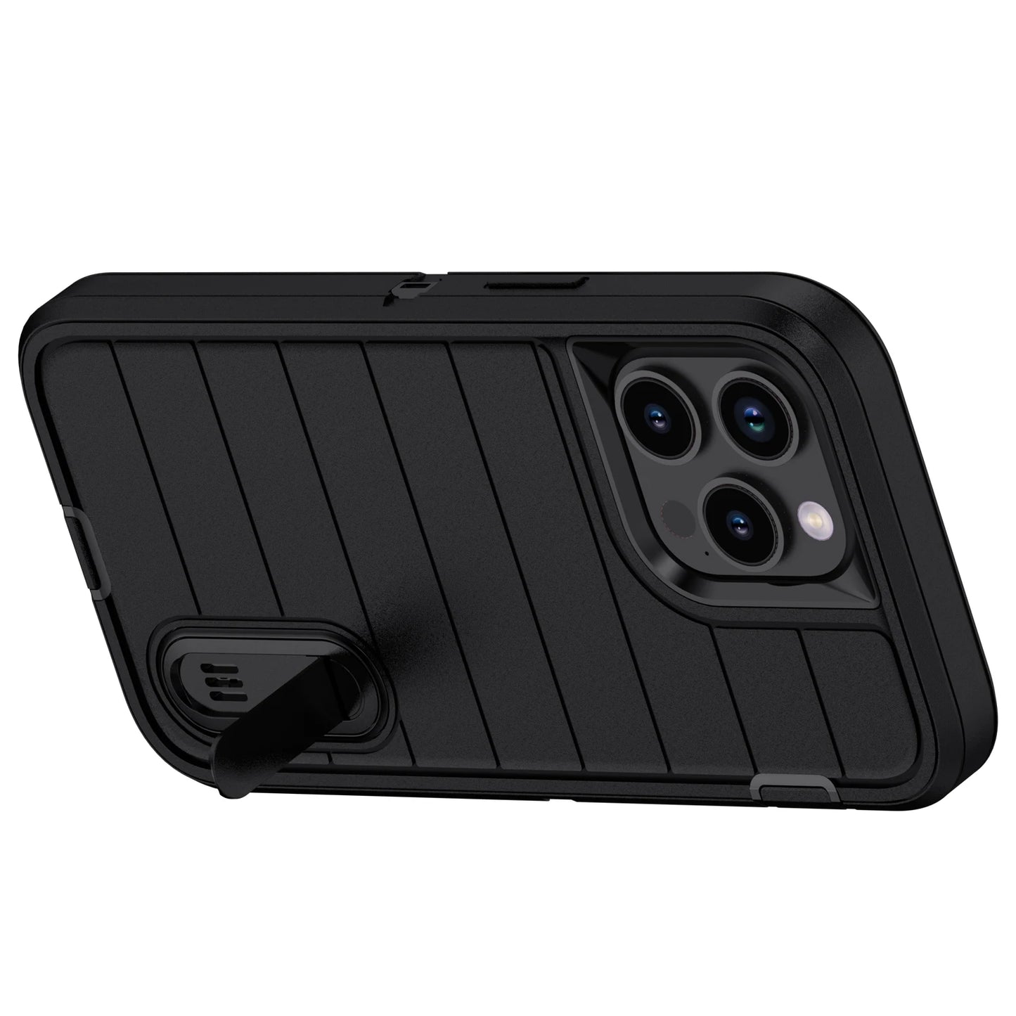 For iPhone 15/iPhone 15 Plus/iPhone 15 Pro/iPhone 15 Pro Max 5G 3-Layers Heavy Duty Protective Kickstand Phone Cover Black Case