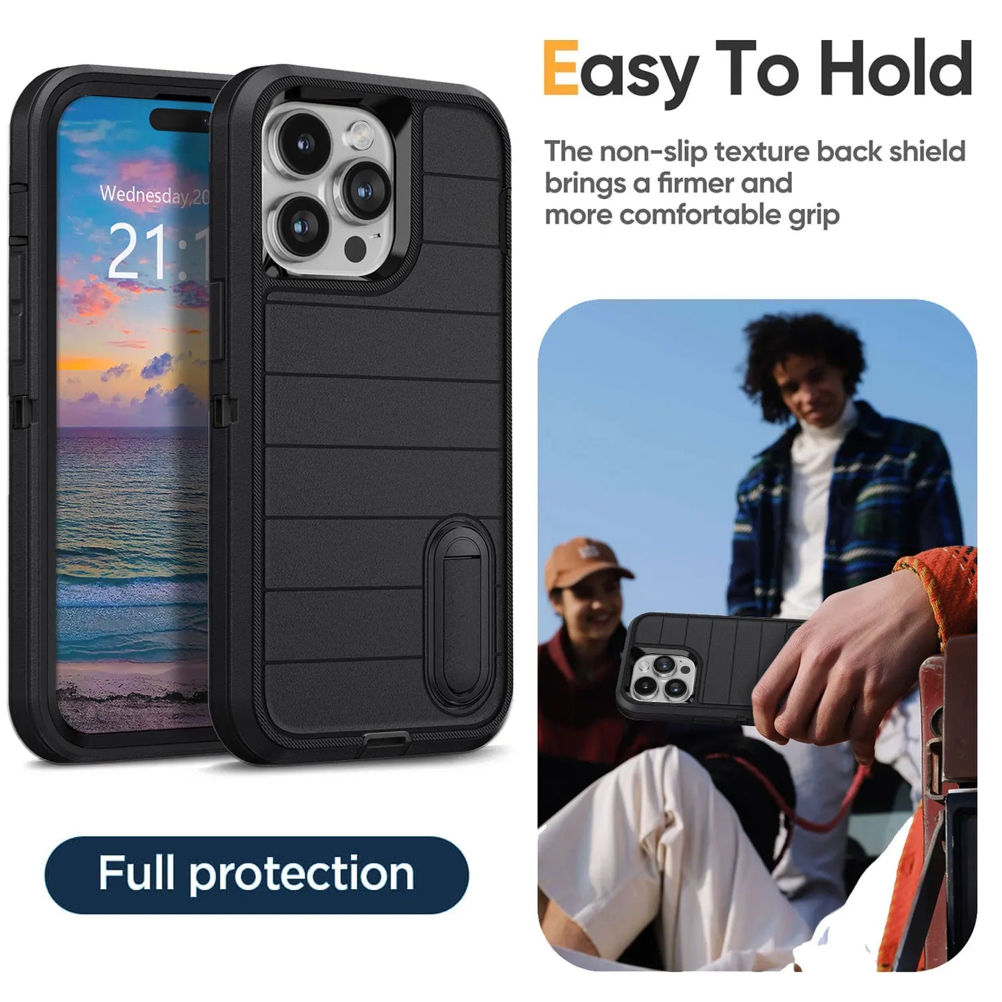 For iPhone 15/iPhone 15 Plus/iPhone 15 Pro/iPhone 15 Pro Max 5G 3-Layers Heavy Duty Protective Kickstand Phone Cover Black Case