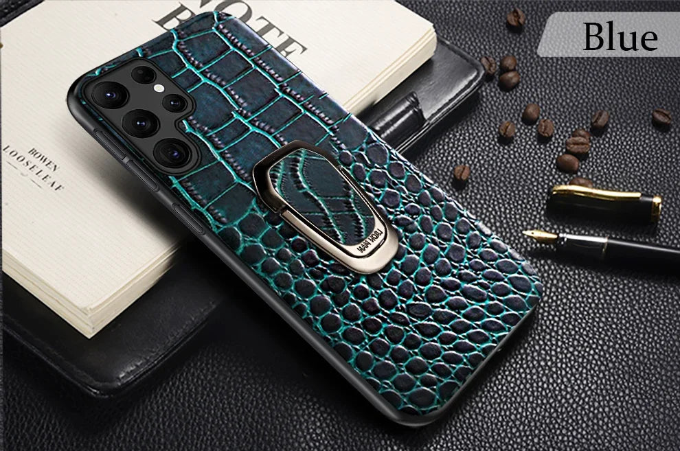 Genuine Cowhide Leather Bracket Phone Case For Samsung Galaxy S24 S23 Ultra S23 Plus S24Ultra S22Ultra Back Cover with Ring