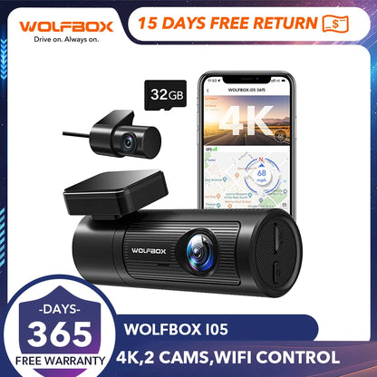 WOLFBOX Dash Cam Front and Rear 4K Dash Cam with GPS WiFi UHD Dash Camera for Cars with 170 FOV WDR Night Vision Loop Recording