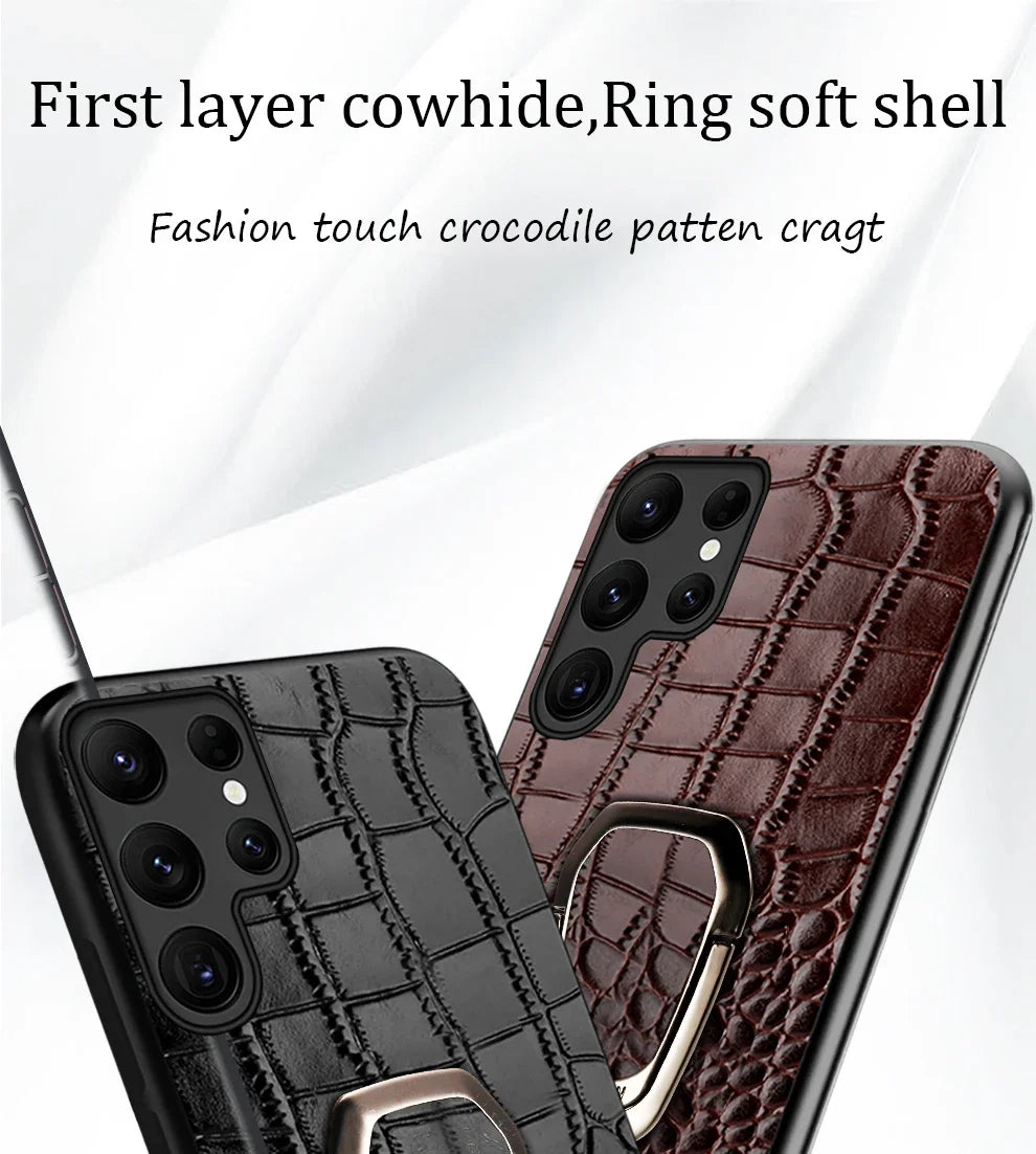 Genuine Cowhide Leather Bracket Phone Case For Samsung Galaxy S24 S23 Ultra S23 Plus S24Ultra S22Ultra Back Cover with Ring