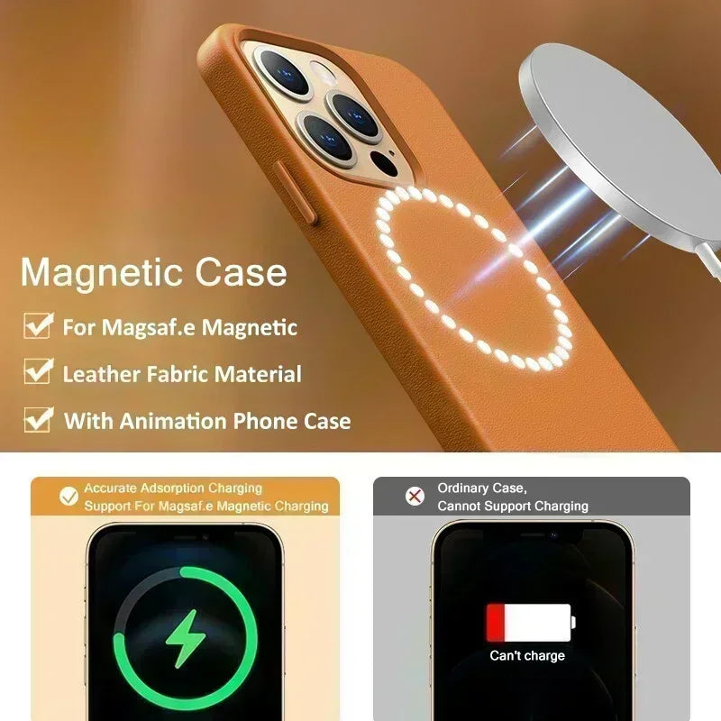 With Official Animation For Magsafe Leather Magnetic Case For iPhone 13 14 Pro Max Mini Plus Shockproof Phone Cases Accessories