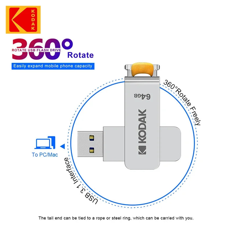 Kodak USB3.1 Metal Flash Drive 64GB 128GB 256GB High Speed Memory Stick Rotating USB Stick For PC Cars Car Key