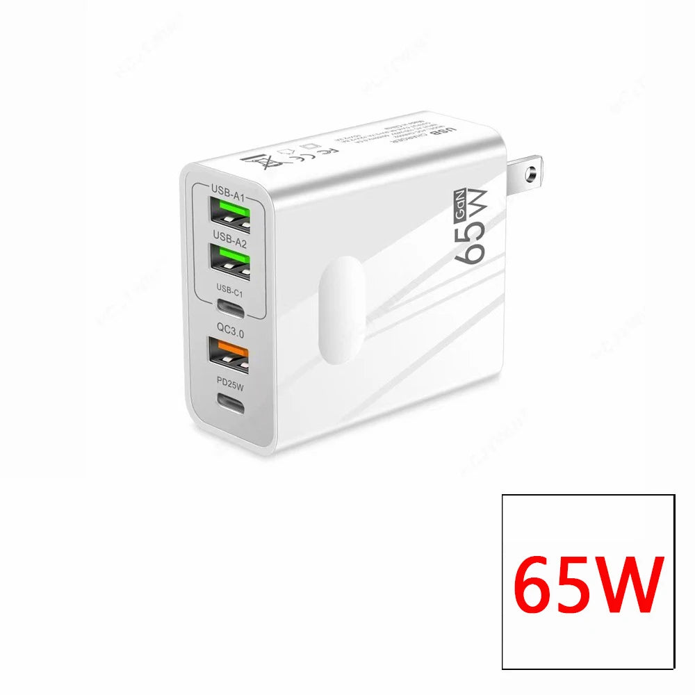 GaN Charger 65W USB PD Muti Plugs Ports Fast Quick Charging Charger Mobile Phone Type C Wall Adapter for IPhone Samsung