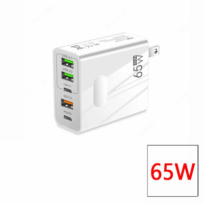 GaN Charger 65W USB PD Muti Plugs Ports Fast Quick Charging Charger Mobile Phone Type C Wall Adapter for IPhone Samsung