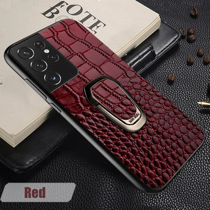 Genuine Cowhide Leather Bracket Phone Case For Samsung Galaxy S24 S23 Ultra S23 Plus S24Ultra S22Ultra Back Cover with Ring