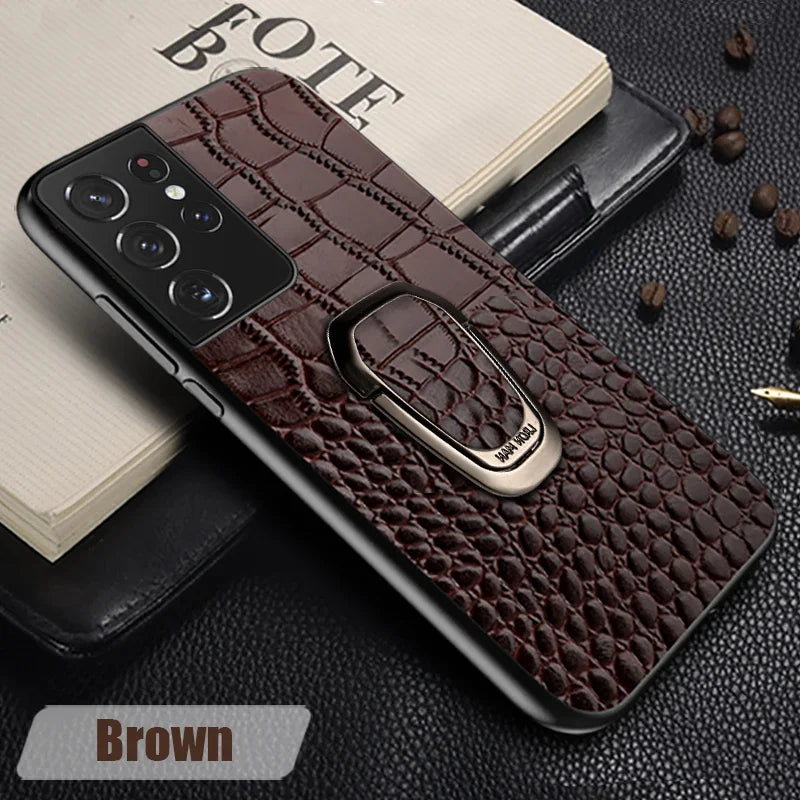 Genuine Cowhide Leather Bracket Phone Case For Samsung Galaxy S24 S23 Ultra S23 Plus S24Ultra S22Ultra Back Cover with Ring