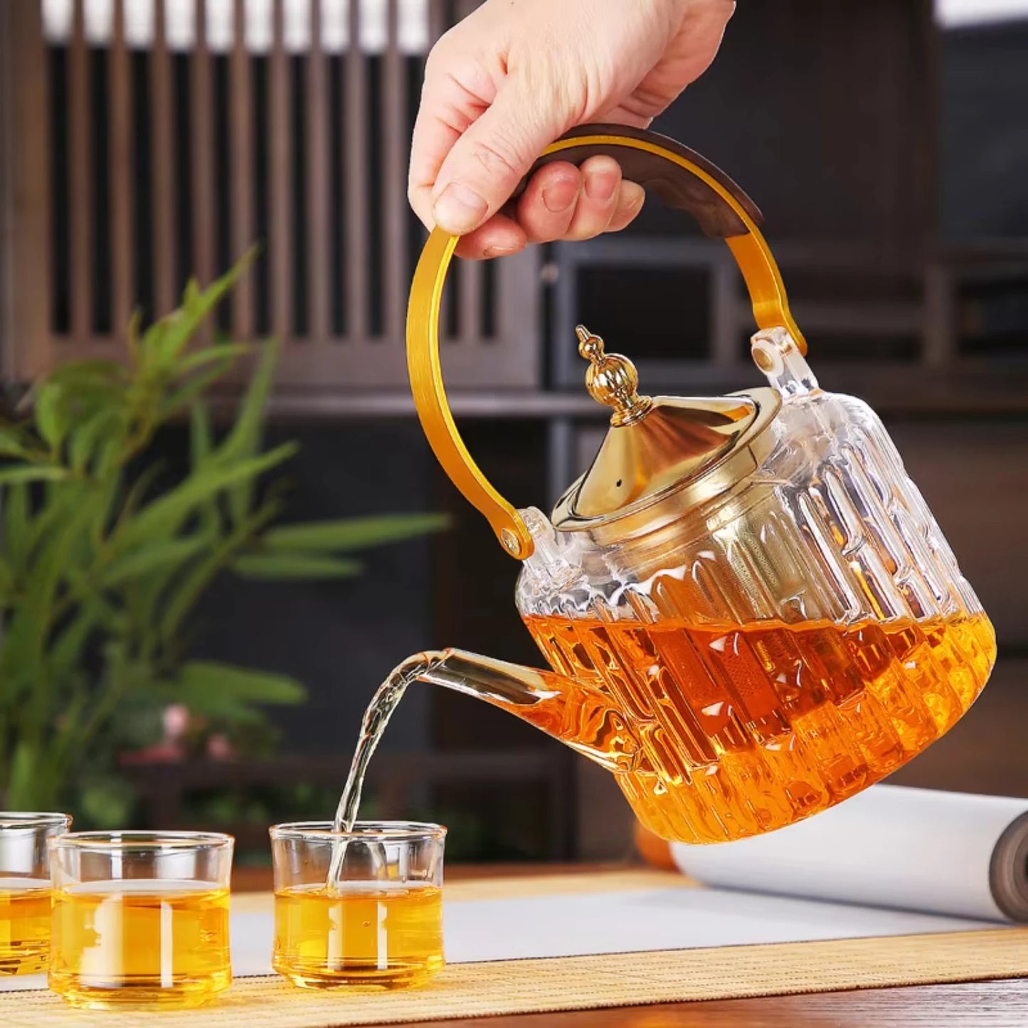 1000ML Glass Tea Pot with Tea Infuser Teapot Gold Heat Resistant Water Kettle  Coffee Flower Tea Teapots  Kitchen Teawear