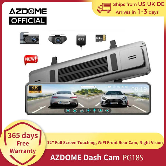 2024 New AZDOME Dash Cam PG18S 12" Full Screen Touching Stream Mirror WiFI Front Rear Cam Car DVR FHD Video Recorder Night Visio