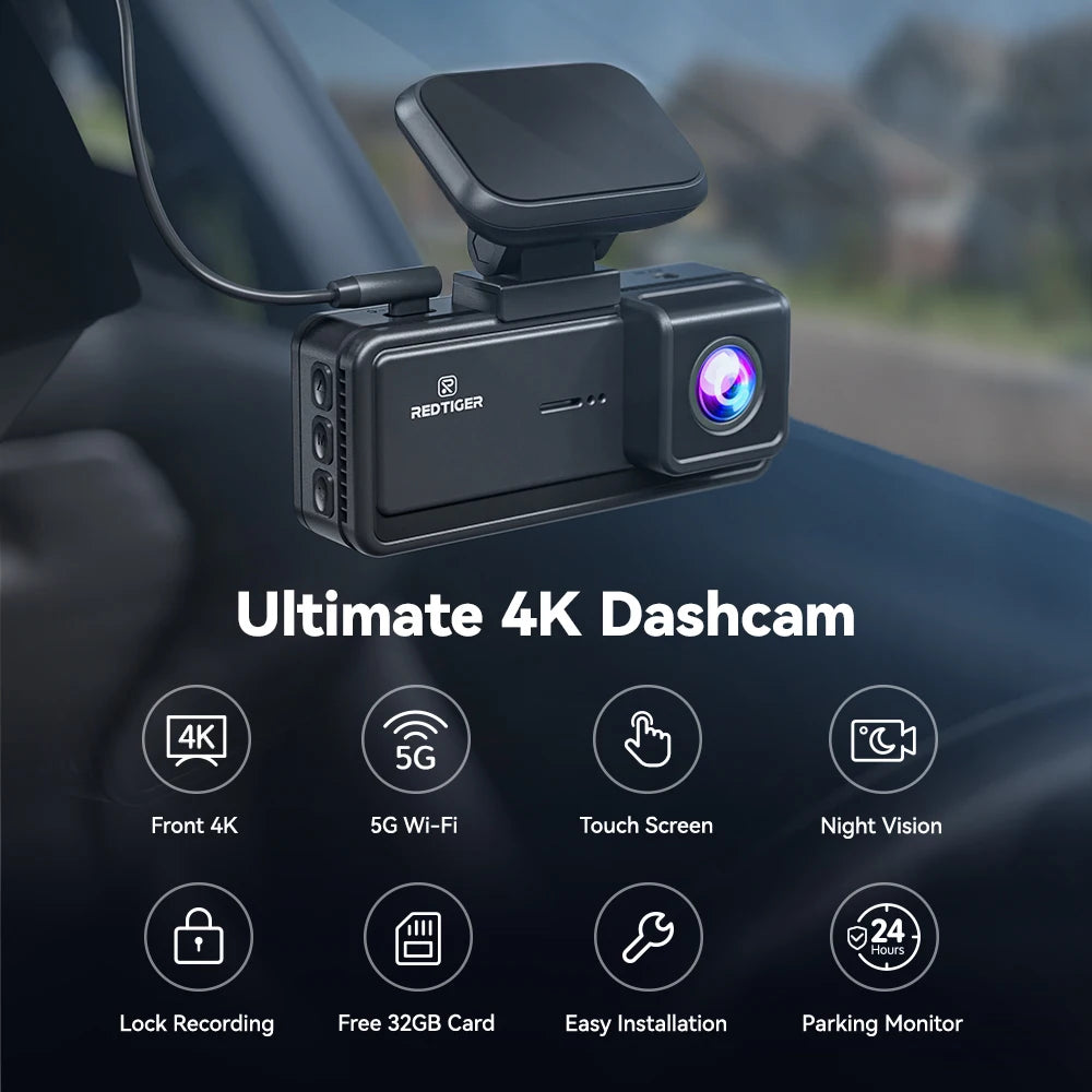 REDTIGER Dash Cam HD 4K Built-in GPS 70FOV Car DVR 5G WIFI APP Control Fatigue Driving Reminder Car Camera with Night Vision