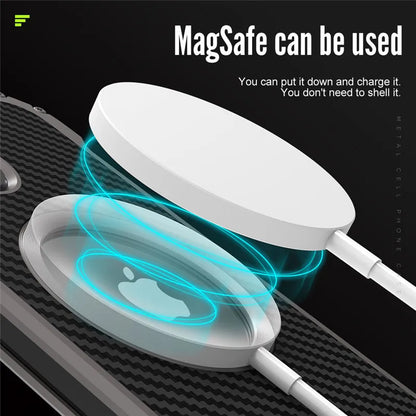 Carbon Fiber Lens Protection Phone Case for iPhone 14 Plus 12 13 Pro Max Mini Compatible with MagSafe Metal Bumpers Cover