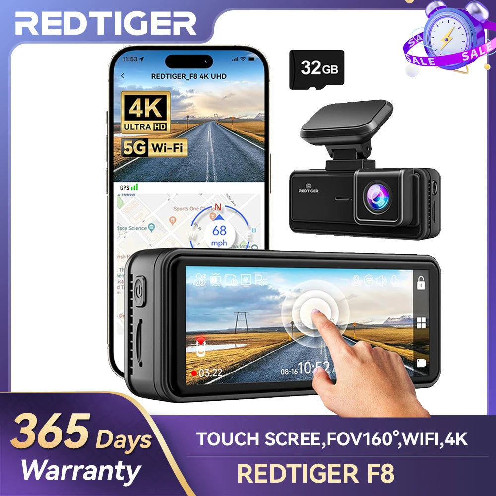 REDTIGER Dash Cam HD 4K Built-in GPS 70FOV Car DVR 5G WIFI APP Control Fatigue Driving Reminder Car Camera with Night Vision