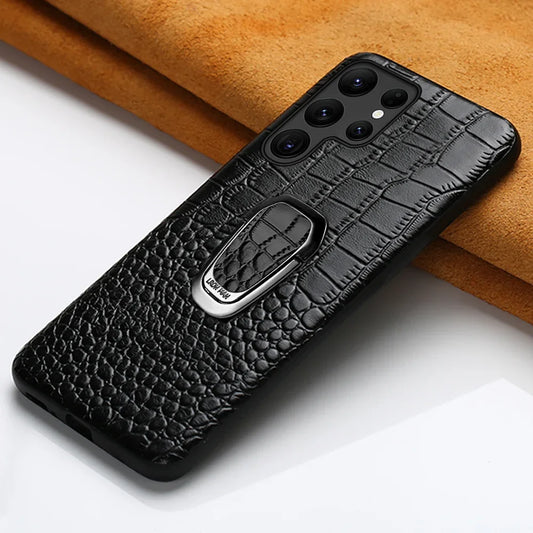 Genuine Cowhide Leather Bracket Phone Case For Samsung Galaxy S24 S23 Ultra S23 Plus S24Ultra S22Ultra Back Cover with Ring