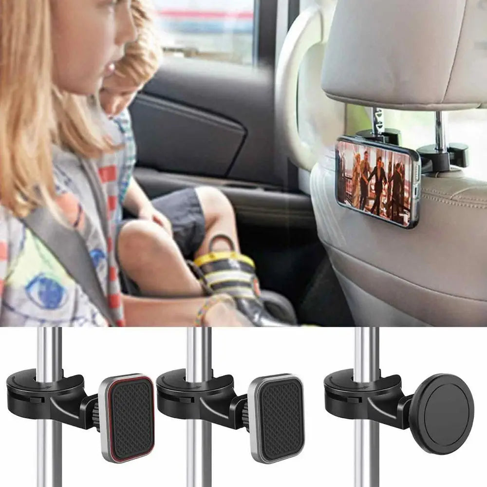 Car Headrest Hook With Magnetic Phone Holder 360 Degree Rotating Car Rear Seat Phone Bracket Purses Bag Hooks Vehicle Supplies