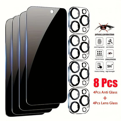 8in1 Privacy Tempered Gass for iPhone 15 Pro Max 4PCS Lens Screen Protector for iPhone 14 13 12 11 Pro Max 14 Plus Phone Glass