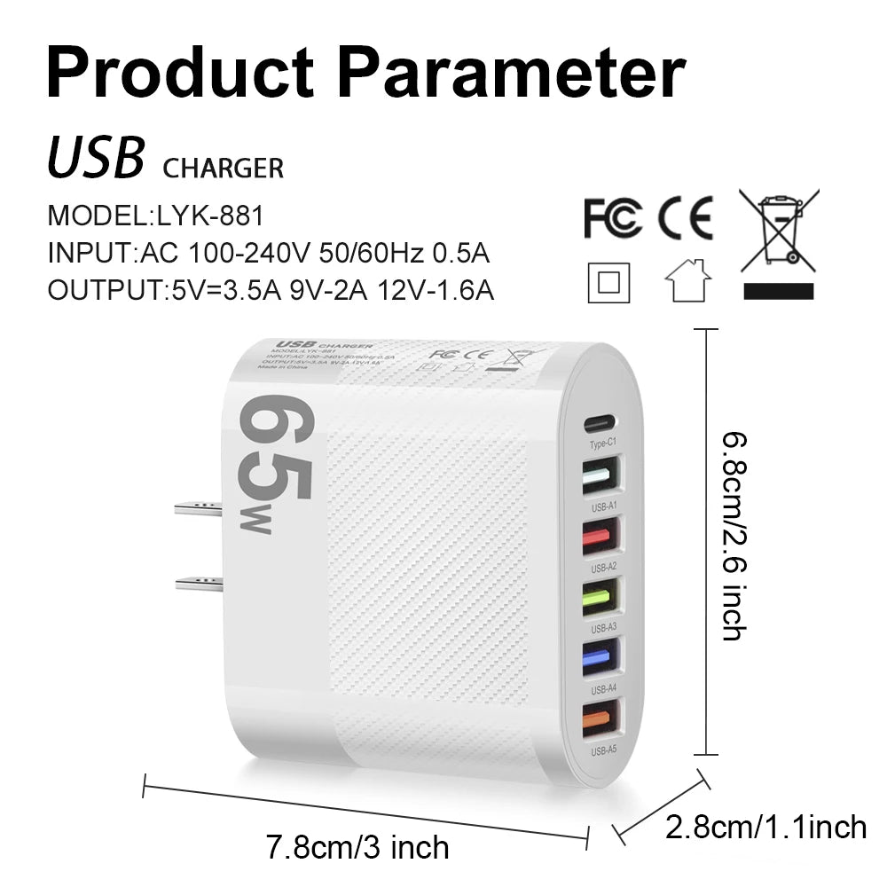 Muti 6 Ports Charger 65W USB High Speed Fast Charging PD Mobile Phone Wall Adapter for Huawei Mate 60 Xiaomi 13Quick Charge 3.0