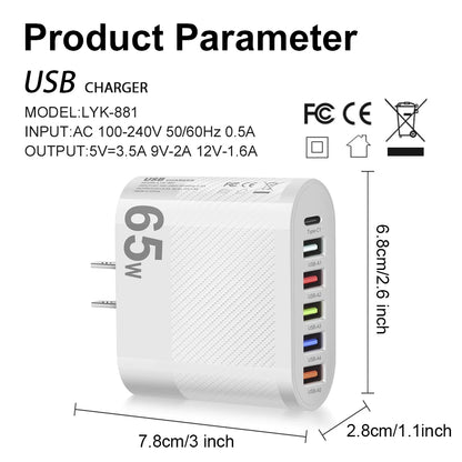 Muti 6 Ports Charger 65W USB High Speed Fast Charging PD Mobile Phone Wall Adapter for Huawei Mate 60 Xiaomi 13Quick Charge 3.0