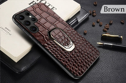 Genuine Cowhide Leather Bracket Phone Case For Samsung Galaxy S24 S23 Ultra S23 Plus S24Ultra S22Ultra Back Cover with Ring