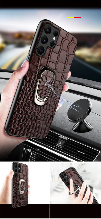 Genuine Cowhide Leather Bracket Phone Case For Samsung Galaxy S24 S23 Ultra S23 Plus S24Ultra S22Ultra Back Cover with Ring