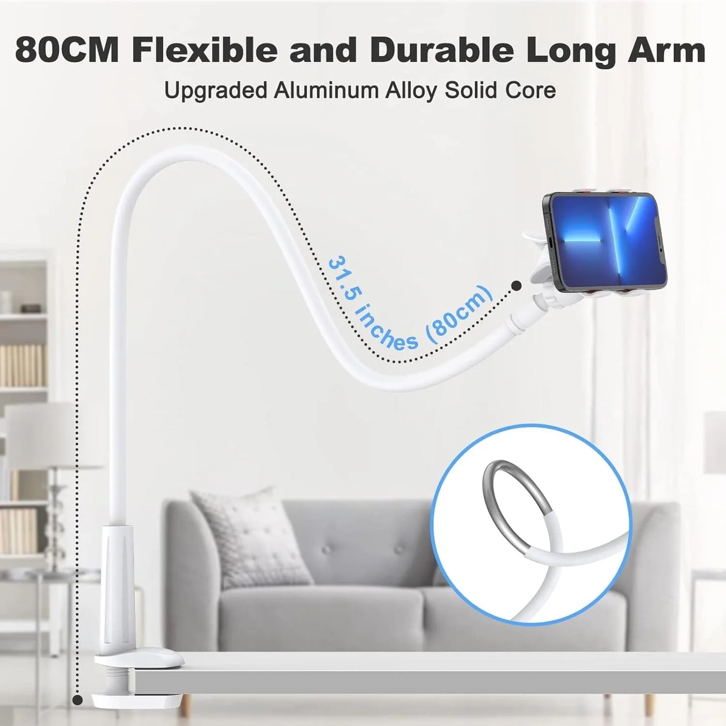 2024 Newest Gooseneck Phone Holder 80cm/31in Long Flexible Lazy Arm Clip, 360 Adjustable Overhead Phone Mount for  4-7" phone