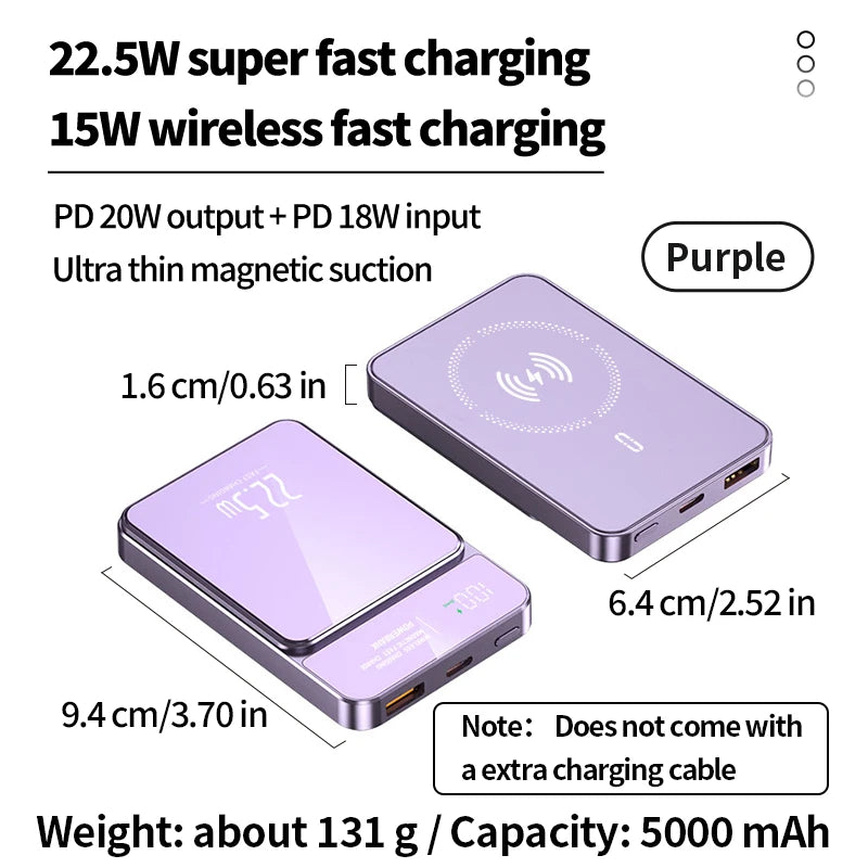 5000mAh portable magnetic wireless charging power bank 22.5W super fast charging digital display mobile phone power bank