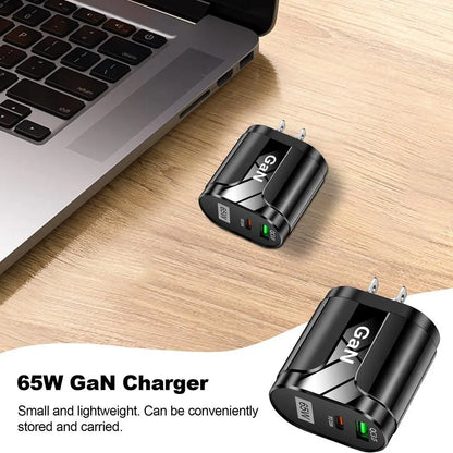 GaN Wall Charger 2-Port 65W USB Charging Station Hub GaN Block USB C & QC Adapter Power Adapter Fast Charging For Type C Devices