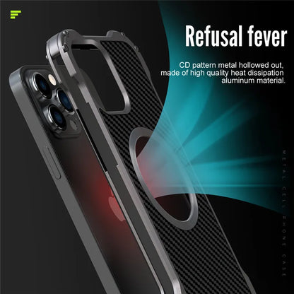 Carbon Fiber Lens Protection Phone Case for iPhone 14 Plus 12 13 Pro Max Mini Compatible with MagSafe Metal Bumpers Cover