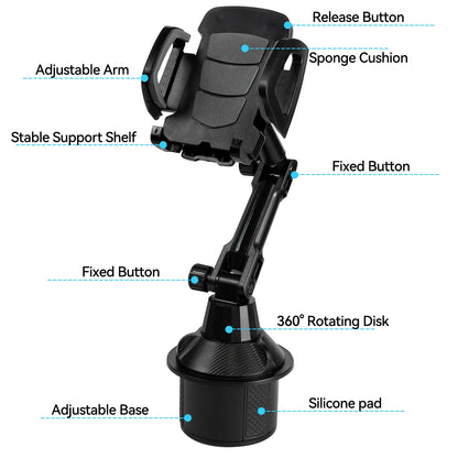 Universal 360° Car Cell Phone Stand Cup Holder Stand Drink Bottle Long Mount Support Smartphone Mobile Phone Bracket Accessories