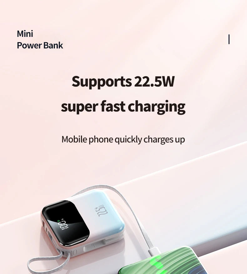 10000mAh compact portable power bank, 22.5W super fast charging, with built-in charging cable,suitable for iPhone/Samsung/Xiaomi