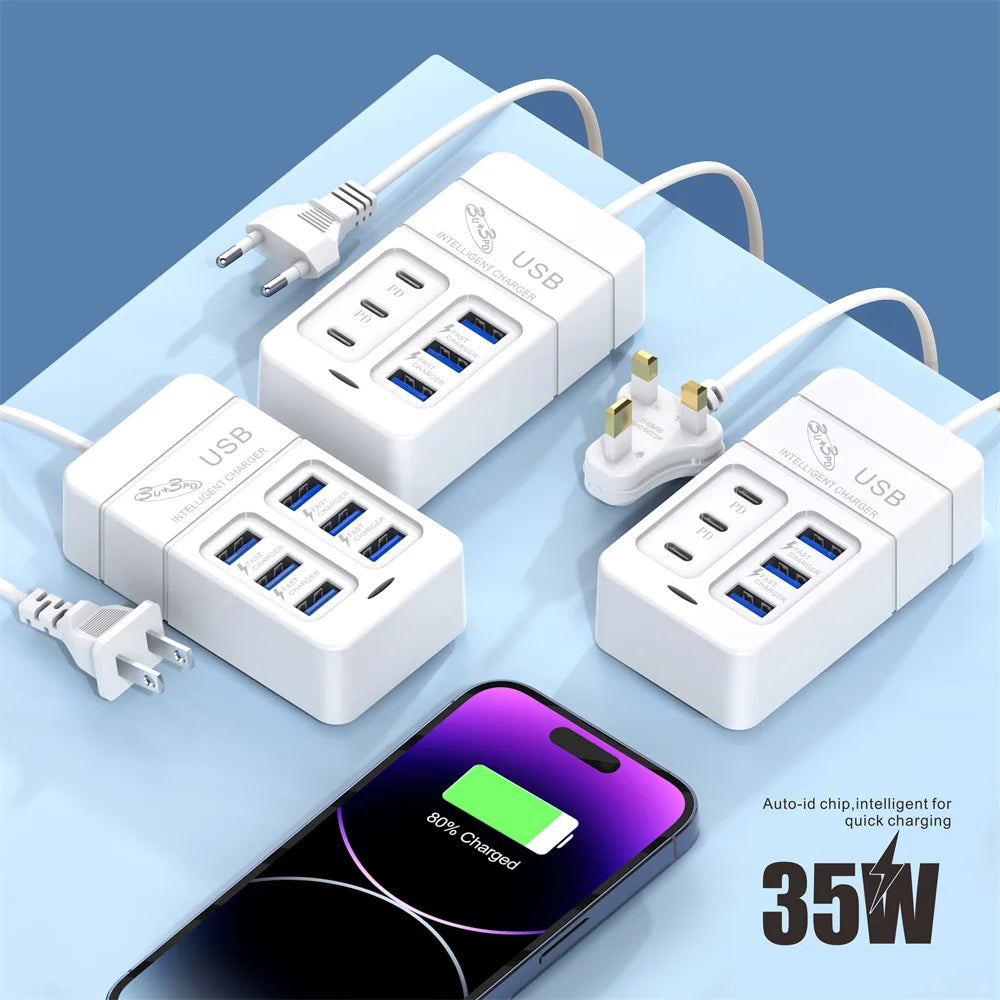 35W Multi-port USB Power Strip Charger PD Fast Charging Charger Power Socket Plug Adapter For iPhone Xiaomi Travel Mobile Phones