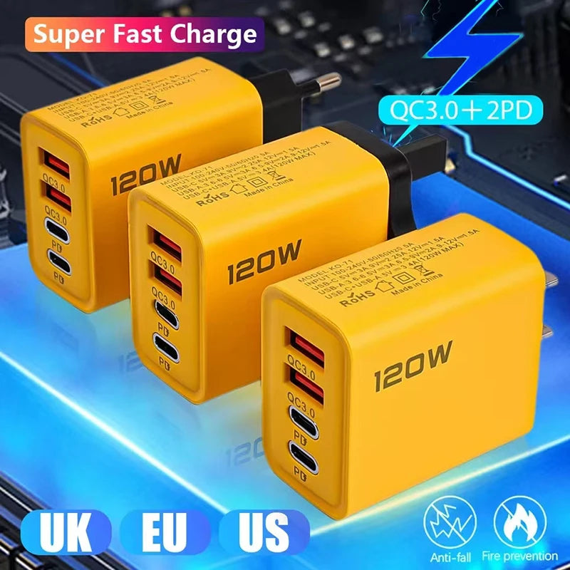 120W Fast Charger Type C Quick Charge 3.0 USB Adapter For iPhone Samsung PD USB Generic Charger 5v2a Fast Charging Head 4 Port