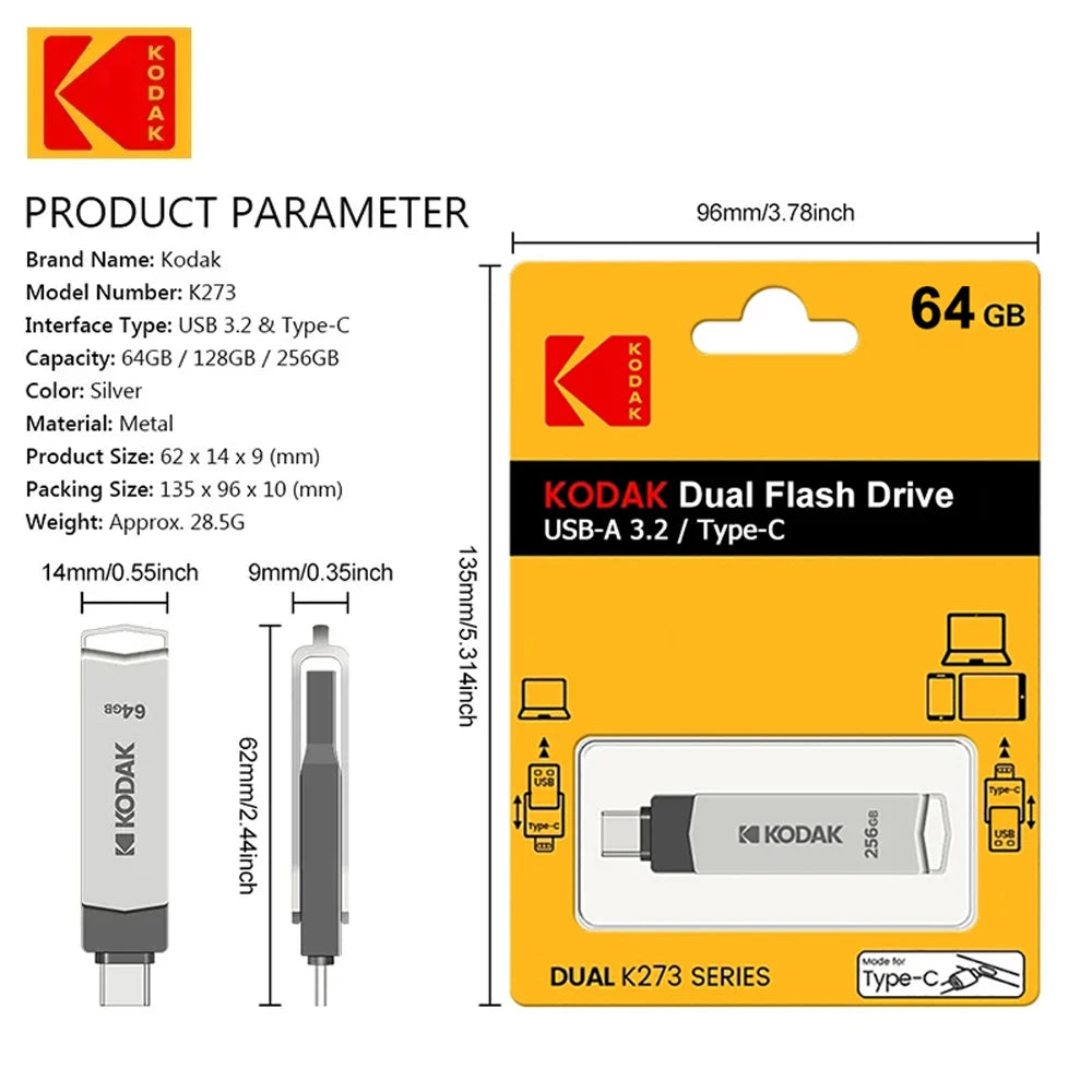 KODAK K273 USB Flash Drive USB3.2 Type C Flash Drive 128GB 64GB Pendrive High Speed Dual Memory Stick For Smartphone Laptop