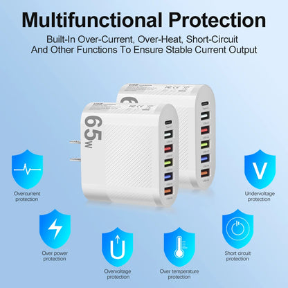 Muti 6 Ports Charger 65W USB High Speed Fast Charging PD Mobile Phone Wall Adapter for Huawei Mate 60 Xiaomi 13Quick Charge 3.0