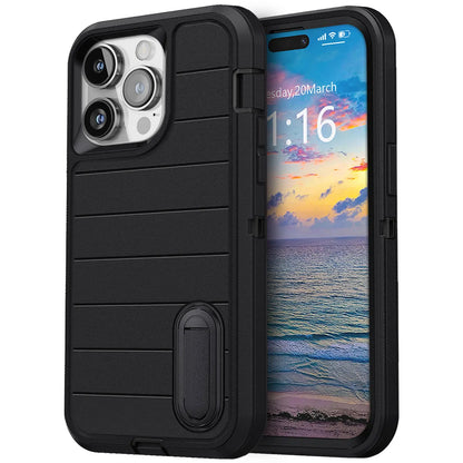 For iPhone 15/iPhone 15 Plus/iPhone 15 Pro/iPhone 15 Pro Max 5G 3-Layers Heavy Duty Protective Kickstand Phone Cover Black Case