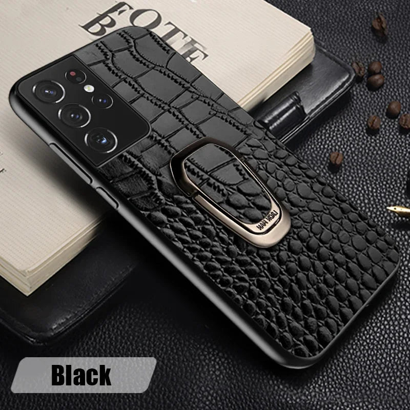 Genuine Cowhide Leather Bracket Phone Case For Samsung Galaxy S24 S23 Ultra S23 Plus S24Ultra S22Ultra Back Cover with Ring