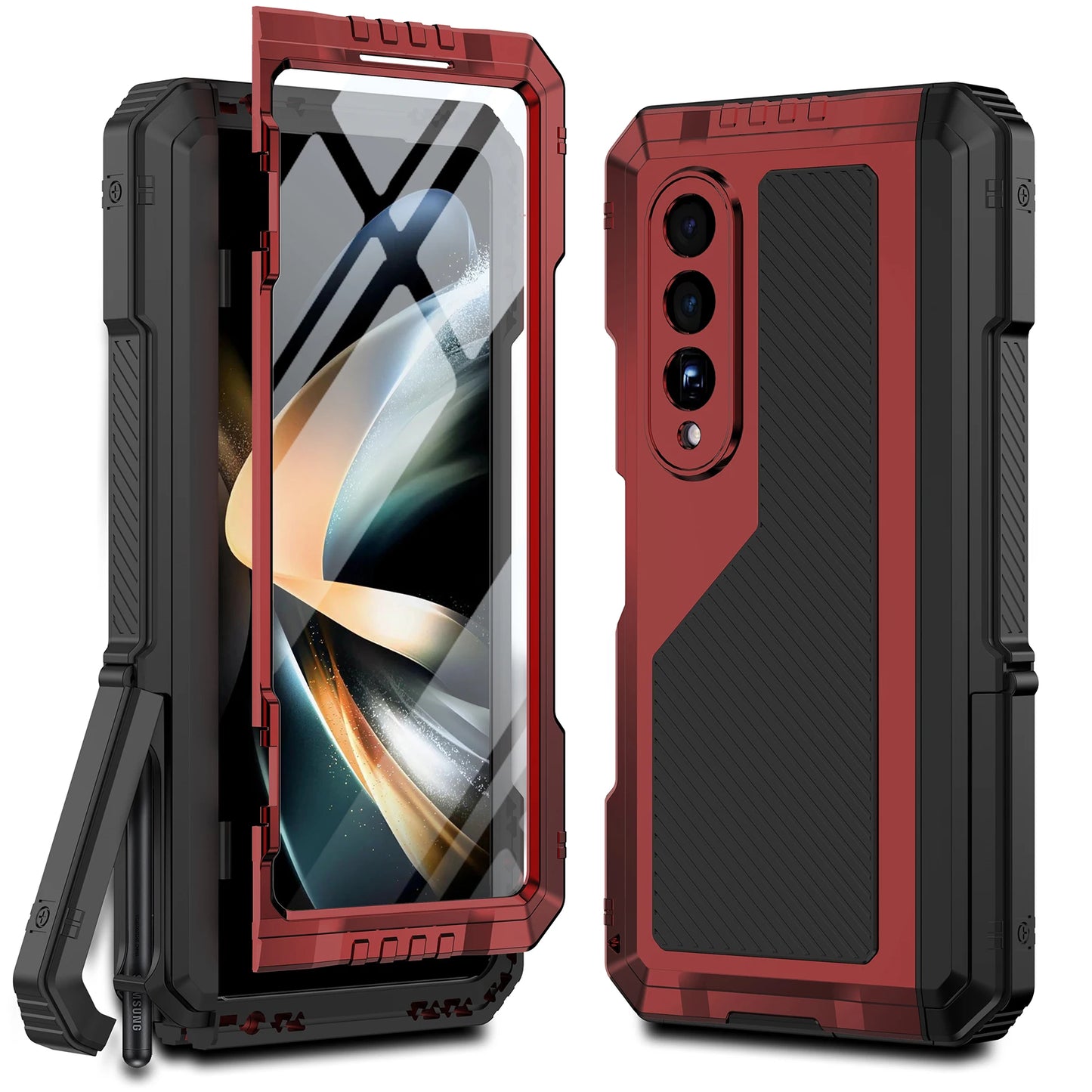 for Samsung Galaxy Z Fold 4 Metal Case with Kickstand, 3 Layers Full Body Protective Shockproof Aluminium Cover for Z Fold 4