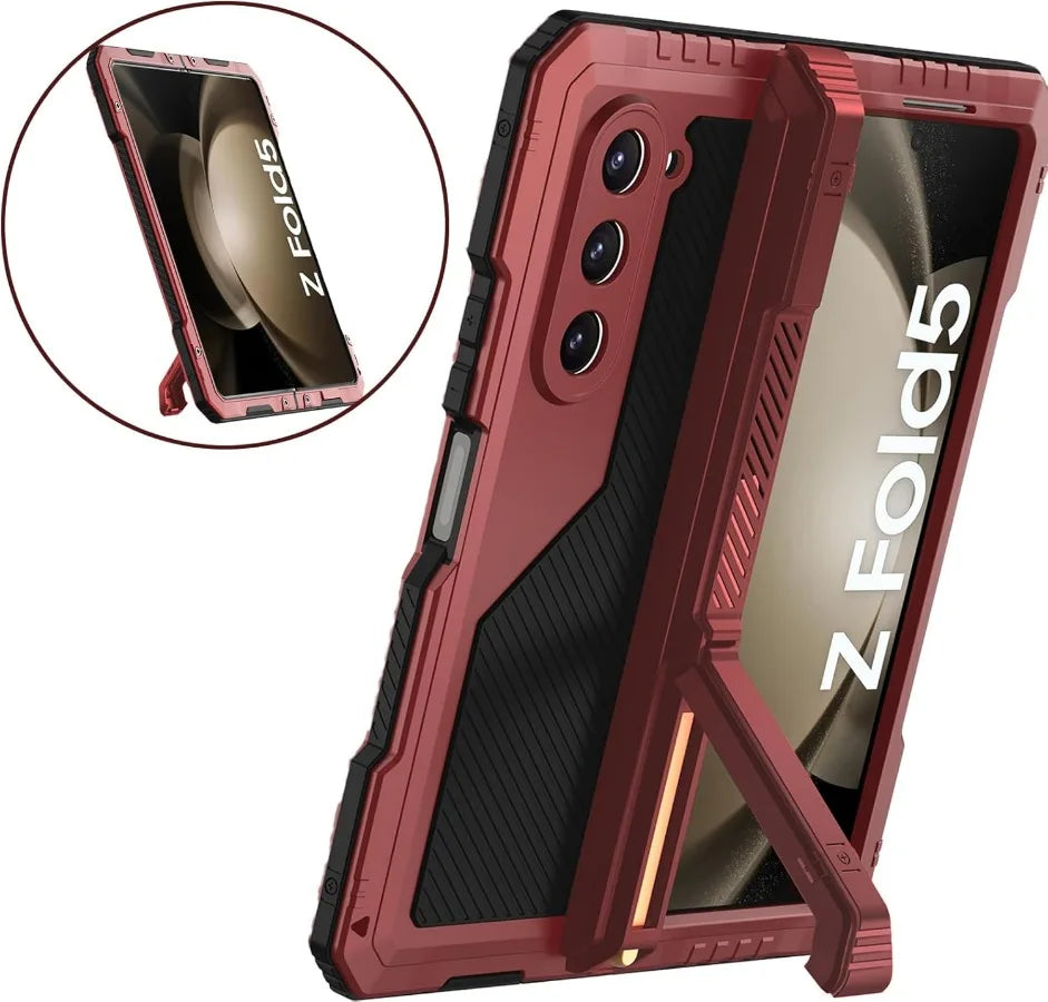 3 Layers Heavy Duty Metal Phone Case For Samsung Z Fold 6 5 4 Shockproof Aluminium Silicone Cover With Stand Screen Soft Film