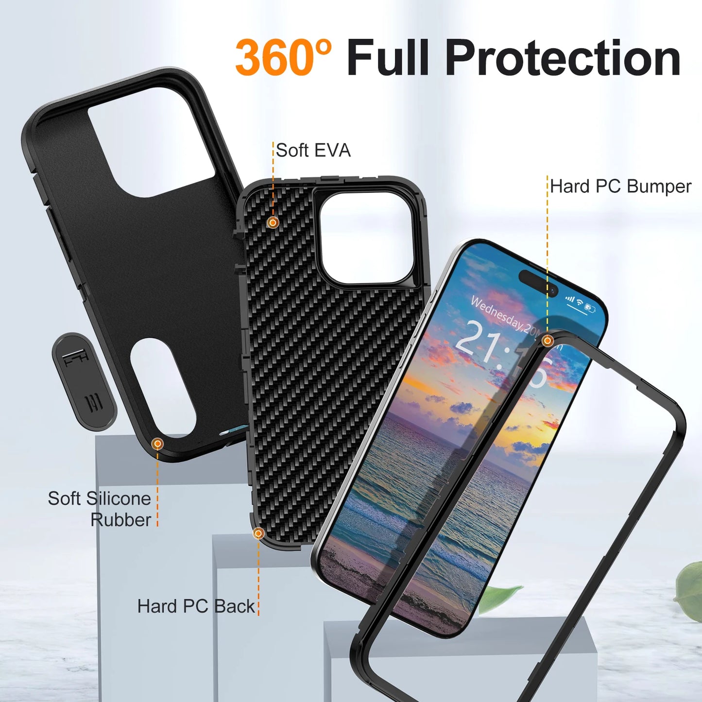 For iPhone 15/iPhone 15 Plus/iPhone 15 Pro/iPhone 15 Pro Max 5G 3-Layers Heavy Duty Protective Kickstand Phone Cover Black Case