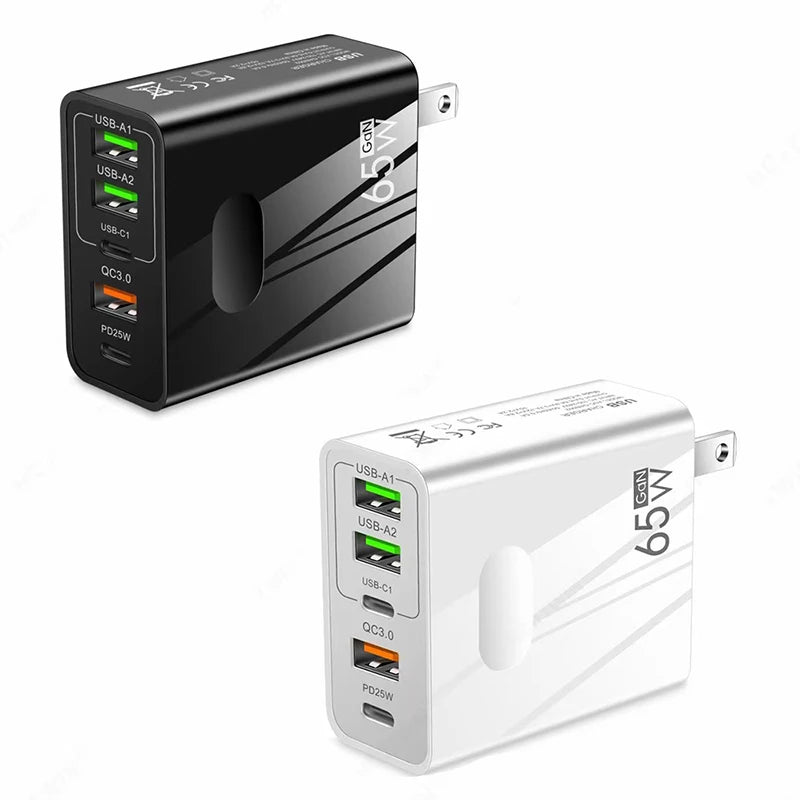 GaN Charger 65W USB PD Muti Plugs Ports Fast Quick Charging Charger Mobile Phone Type C Wall Adapter for IPhone Samsung