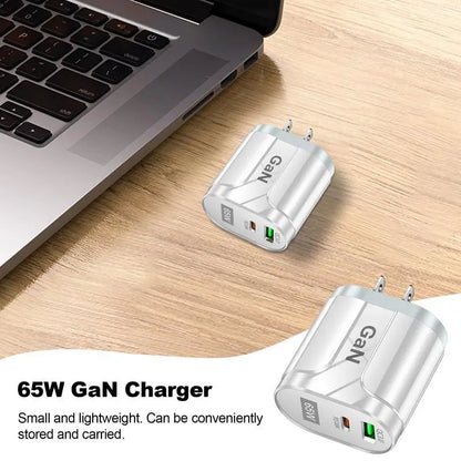 GaN Wall Charger 2-Port 65W USB Charging Station Hub GaN Block USB C & QC Adapter Power Adapter Fast Charging For Type C Devices