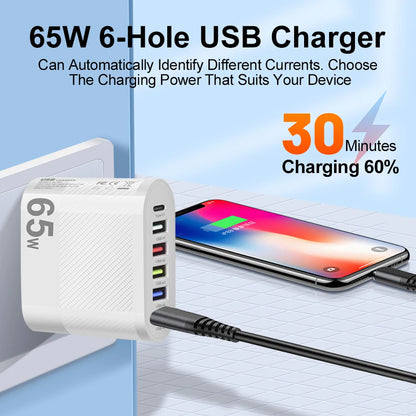 Muti 6 Ports Charger 65W USB High Speed Fast Charging PD Mobile Phone Wall Adapter for Huawei Mate 60 Xiaomi 13Quick Charge 3.0