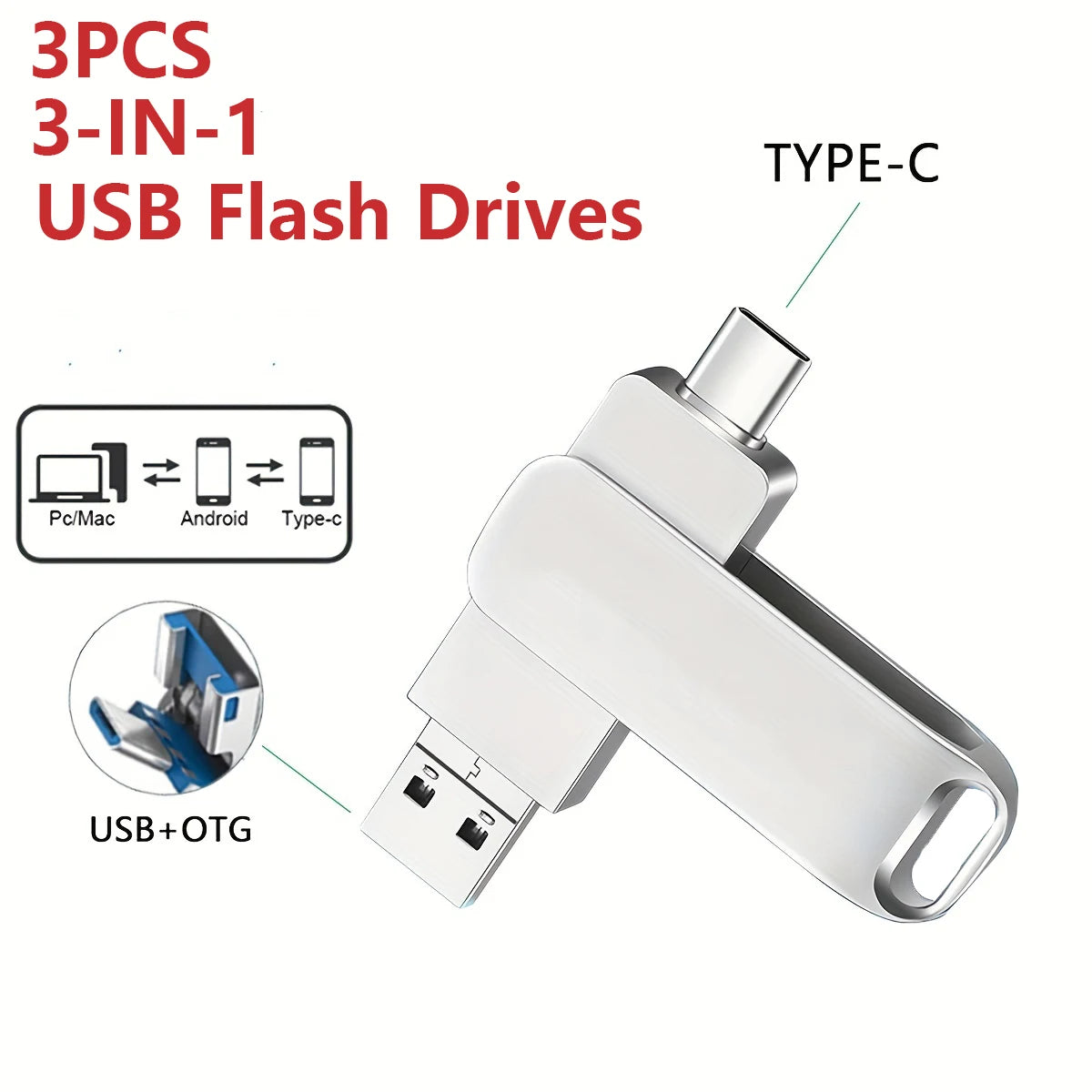 3PCS 3-in-1 USB Flash Drive 128GB 64GB 32GB 16GB 8GB, USB 2.0 High Speed U Disk, Type-C Metal Pen Drive For PC Laptops Tablets