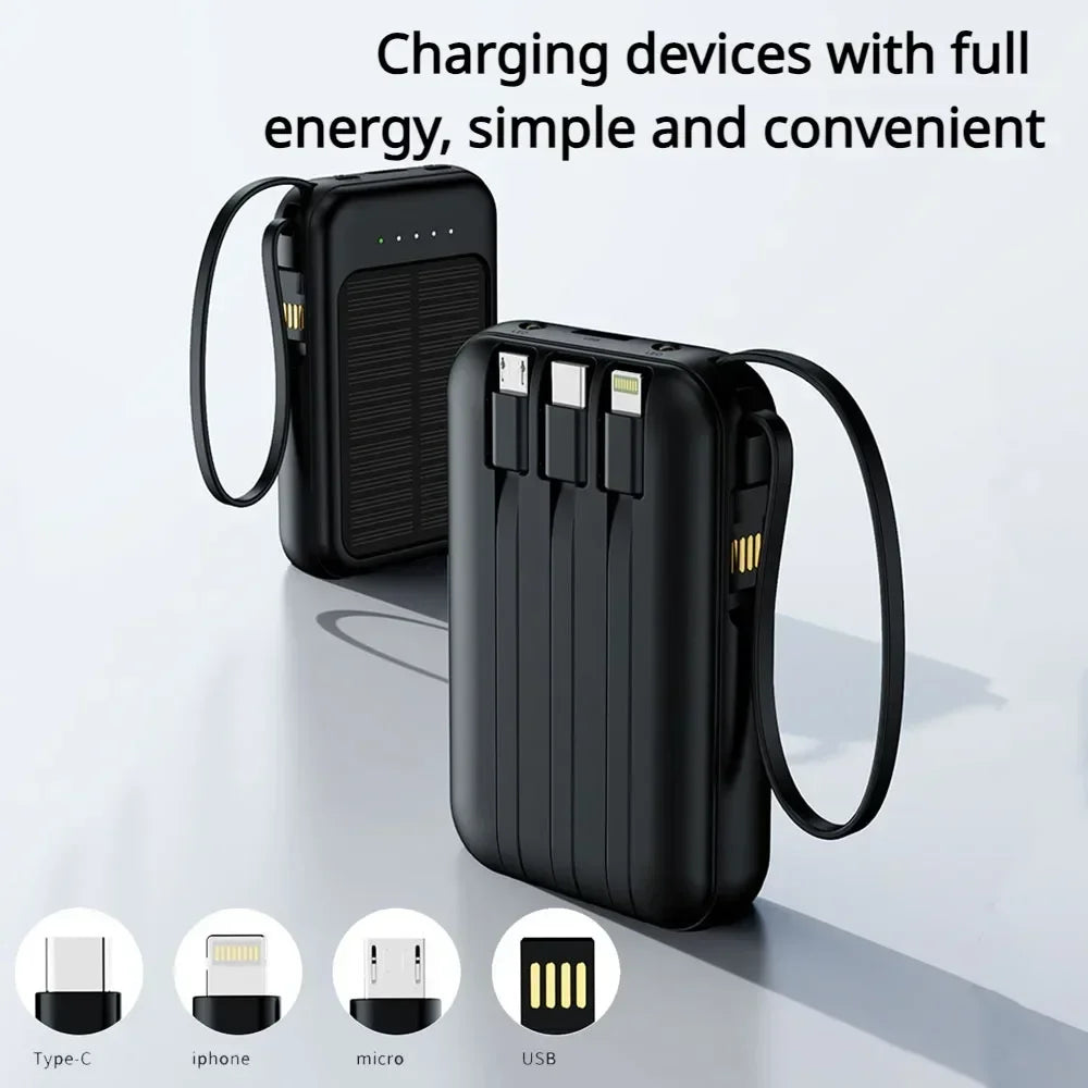 New Solar 10000mah External Battery Led Charger Portable Mobile Phone Solar Power Bank Built in Cable Mini Power Banks