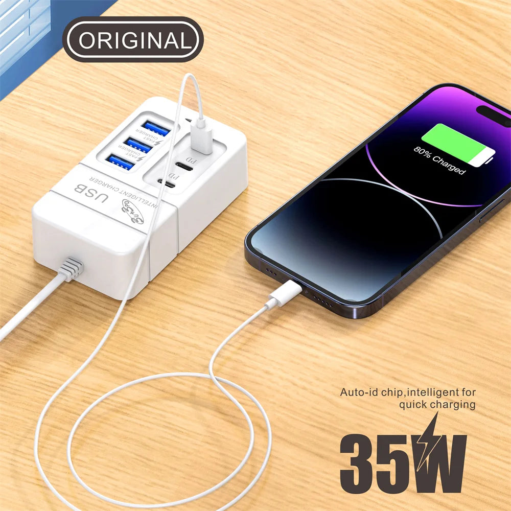 35W Multi-port USB Power Strip Charger PD Fast Charging Charger Power Socket Plug Adapter For iPhone Xiaomi Travel Mobile Phones